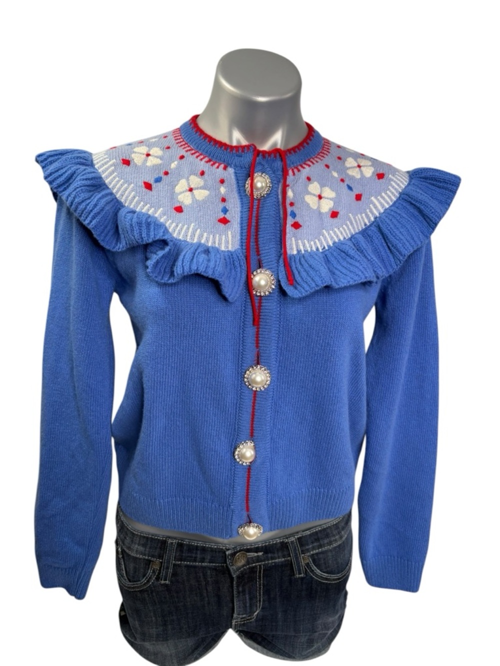 Hill House Virgin Wool Blue Ruffle-Yoke Floral Knit Sweater Cardigan